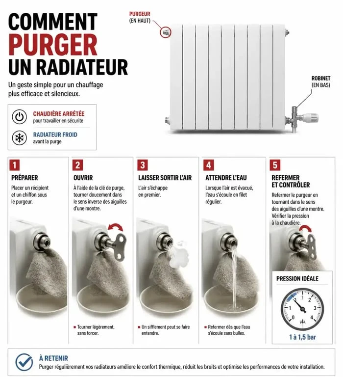 Illustration des étapes pour purger un radiateur de chauffage central en toute sécurité