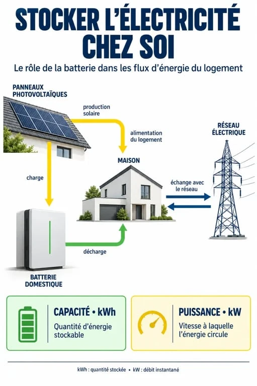 Infographie sur la batterie stockage électricité, la capacité en kWh et la puissance en kW