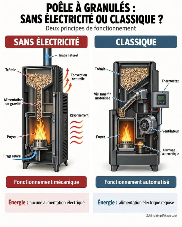 Infographie comparative d’un poêle à granulés sans électricité et d’un poêle à granulés classique