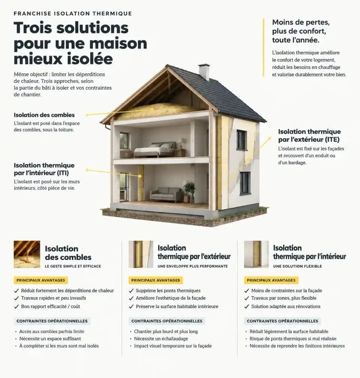 Infographie sur la franchise isolation thermique et les différences entre ITE, ITI et isolation des combles