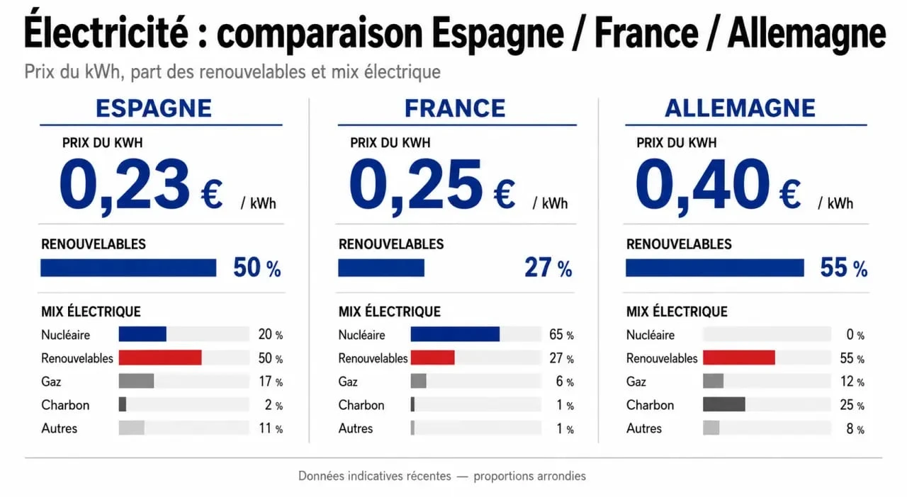 électricité espagne : comparaison des prix du kWh et du mix électrique avec la France et l’Allemagne