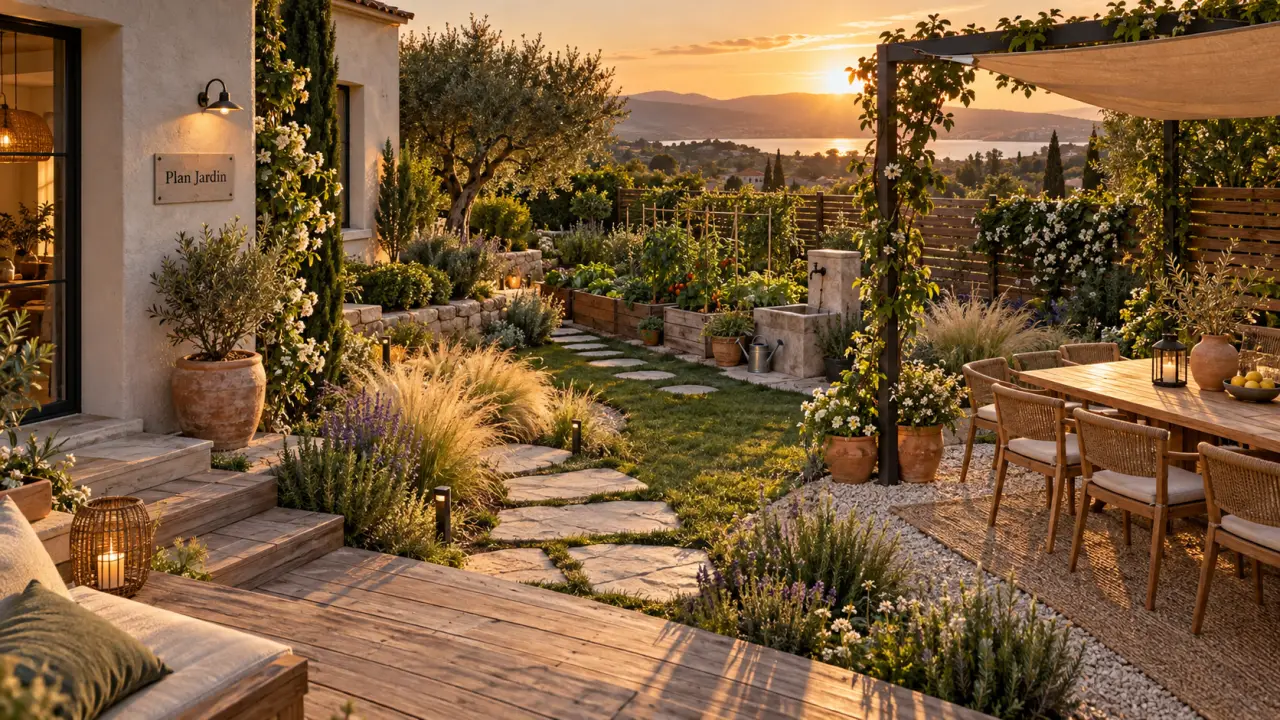Extérieur aménagement jardin : allée en dalles et coin repas sous pergola