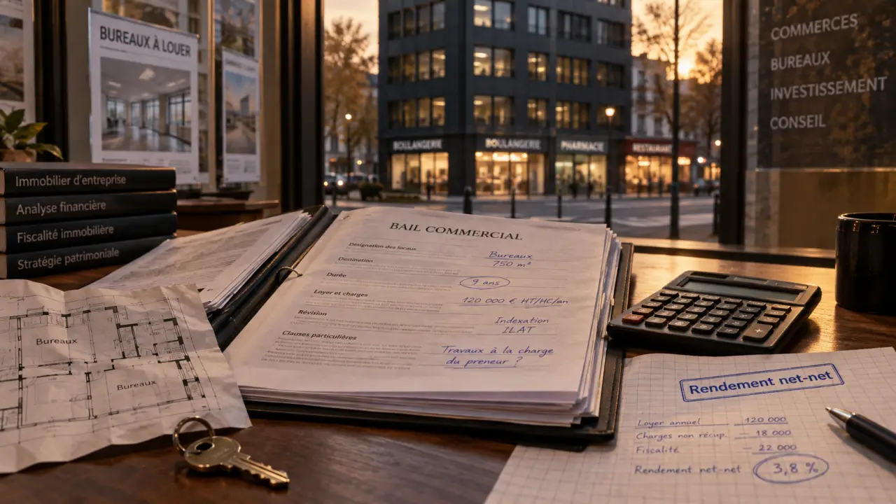 Investissement immobilier professionnel : rendement net sécurisé, dossier bail commercial et calculs.