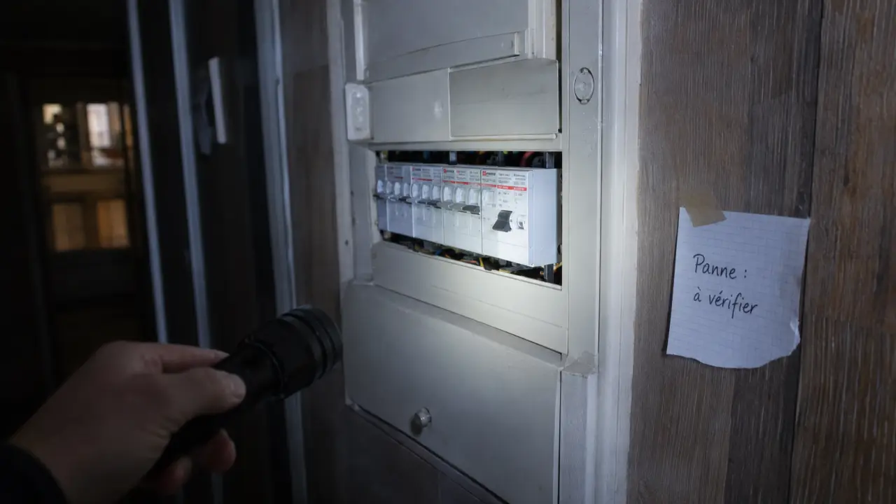 Panne électricité : tableau électrique avec porte entrouverte