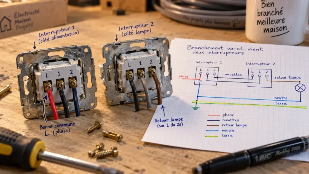 Schéma électricité va-et-vient : l&rsquo;inversion qui laisse la lampe allumée