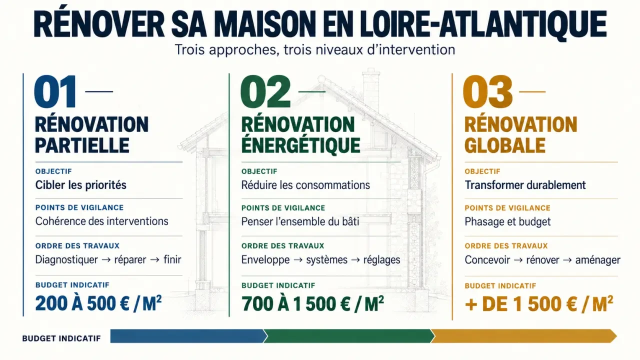 Infographie sur la rénovation de maison en Loire-Atlantique : types de travaux, étapes et repères de budget
