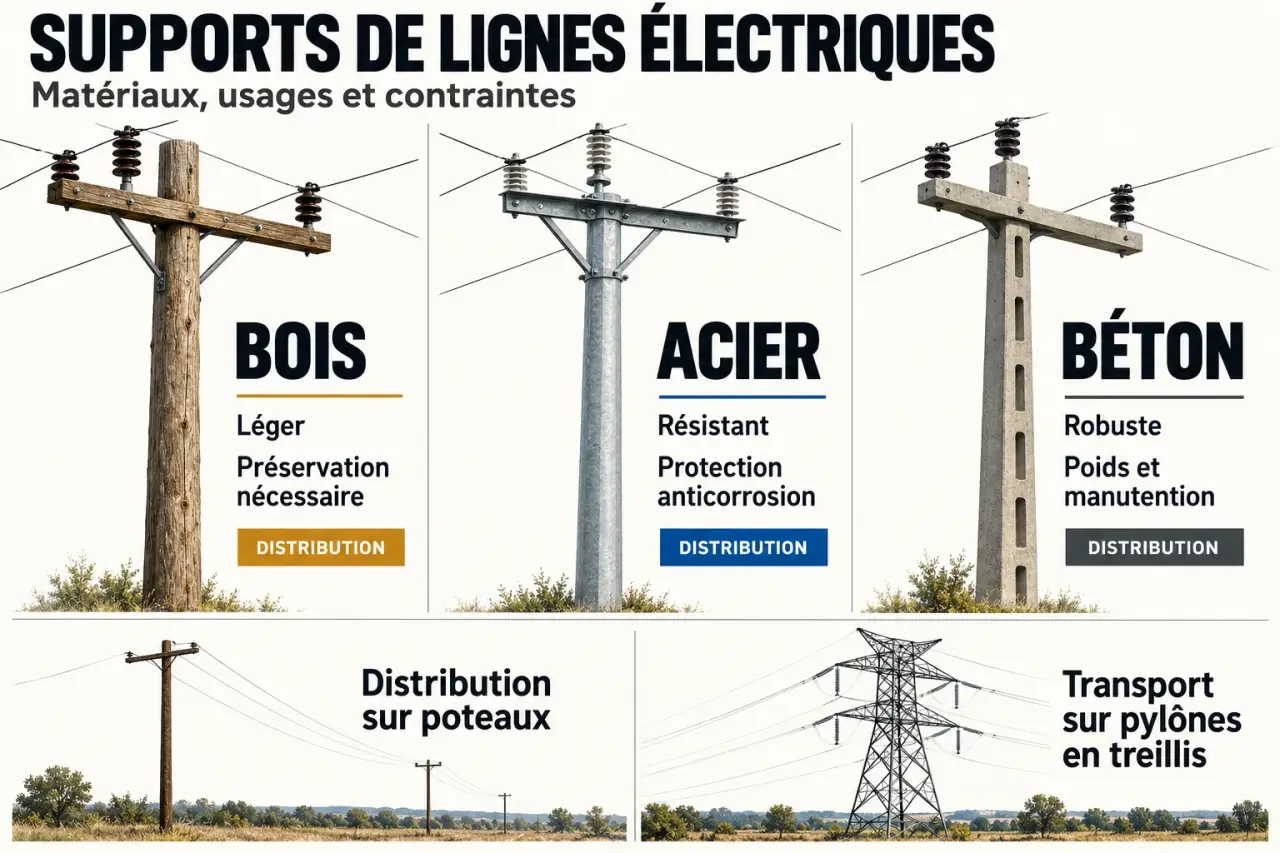 Infographie sur les poteaux électriques en bois, acier et béton et les différences entre distribution et transport