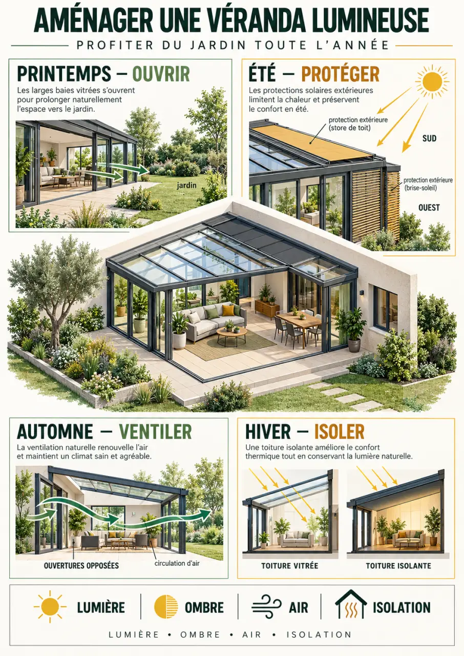 Infographie pour aménager une véranda lumineuse et profiter du jardin toute l'année
