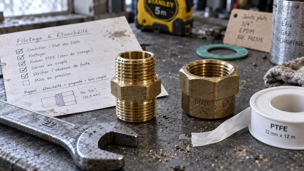 Photo d’un mamelon plomberie en laiton et raccords avec ruban PTFE pour éviter les fuites