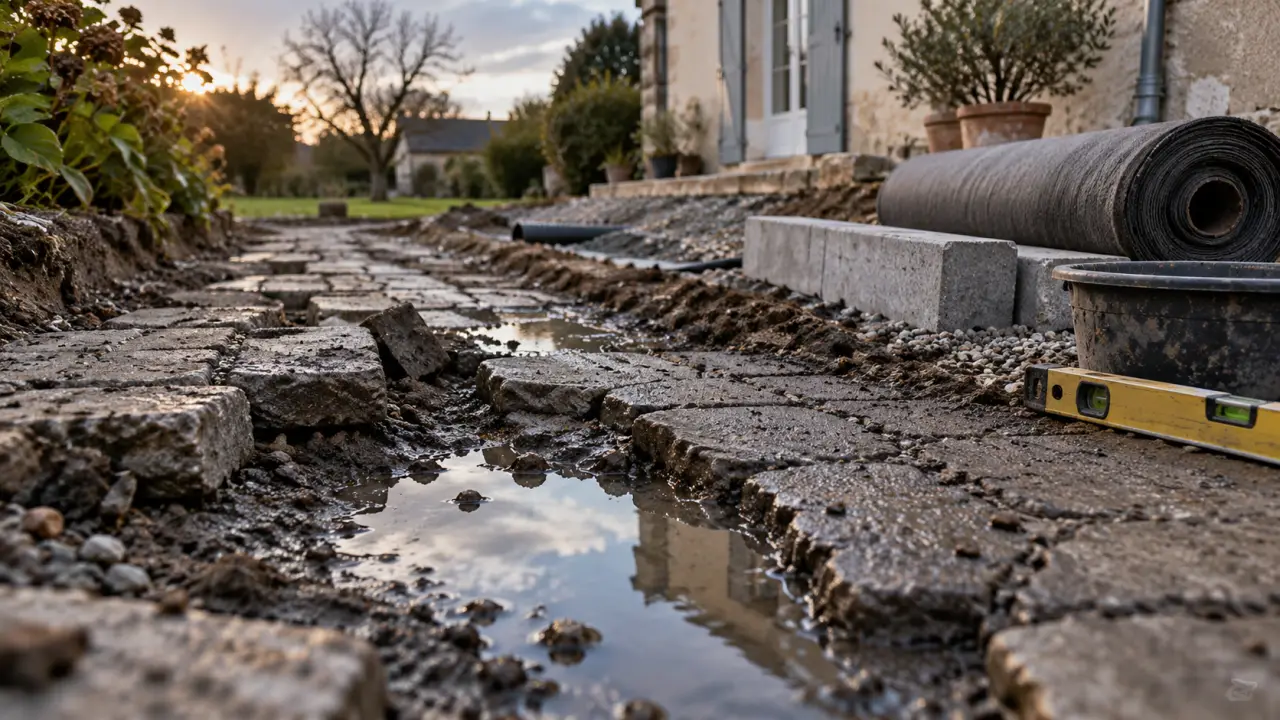 Rénovation allée maison : pavés fissurés, ornières et travaux en cours